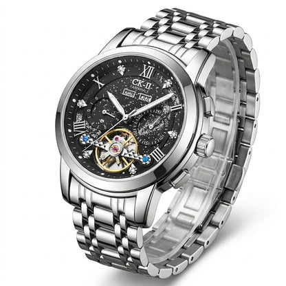 Silver wristwatch with a detailed face on a white background