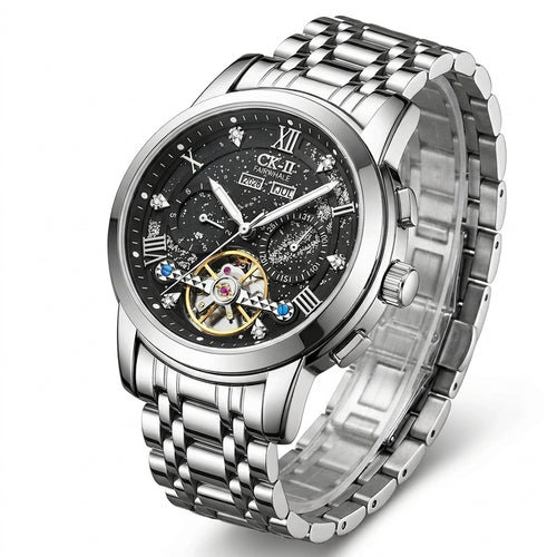 Silver wristwatch with a detailed face on a white background