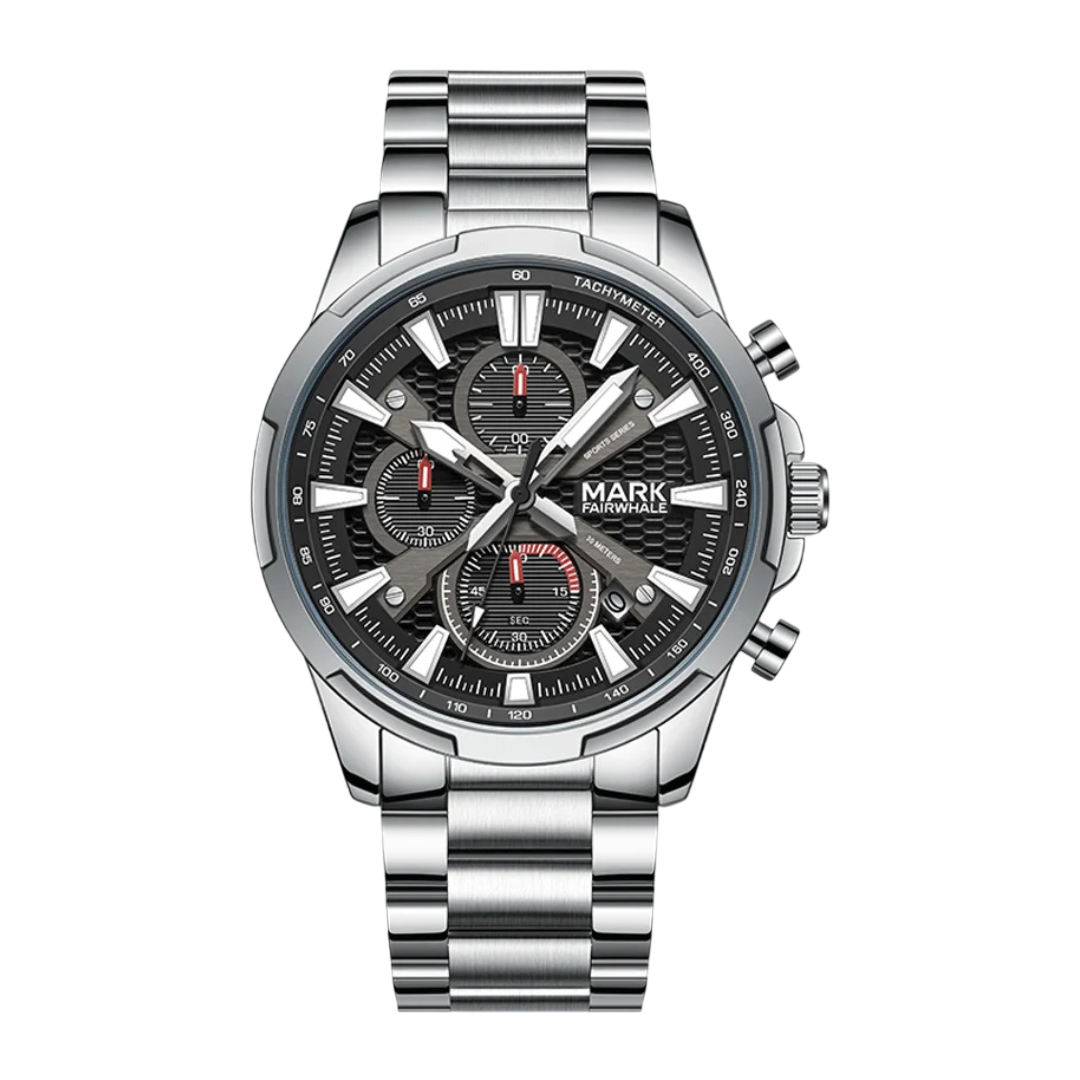 Silver wristwatch with a detailed face on a white background