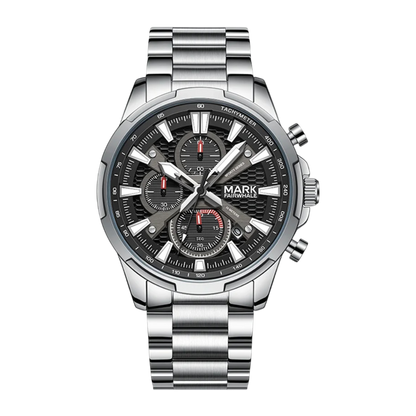 Silver wristwatch with a detailed face on a white background