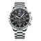 Silver wristwatch with a detailed black face on a white background