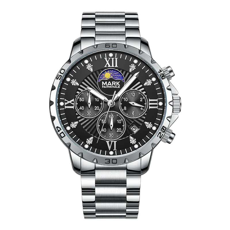 Silver wristwatch with a detailed black face on a white background