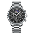 Silver wristwatch with a detailed black face on a white background