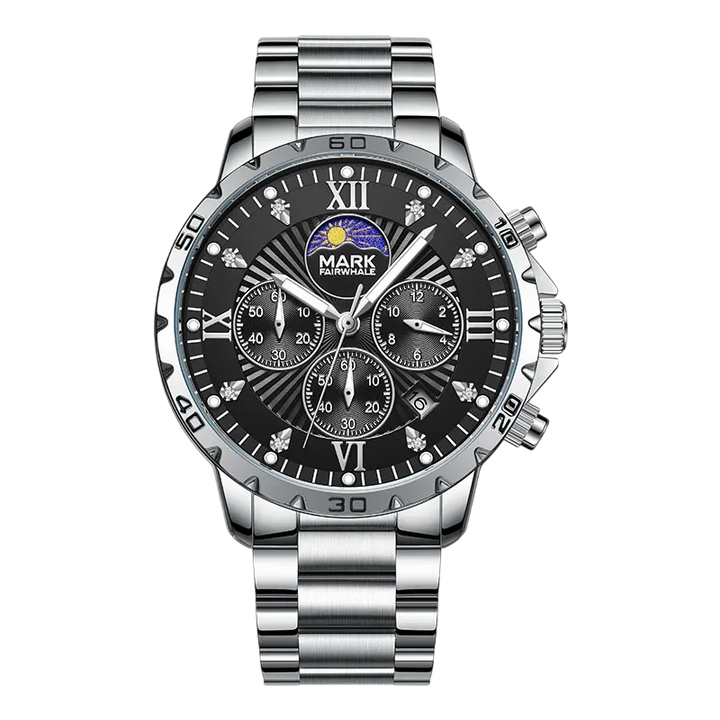 Silver wristwatch with a detailed black face on a white background