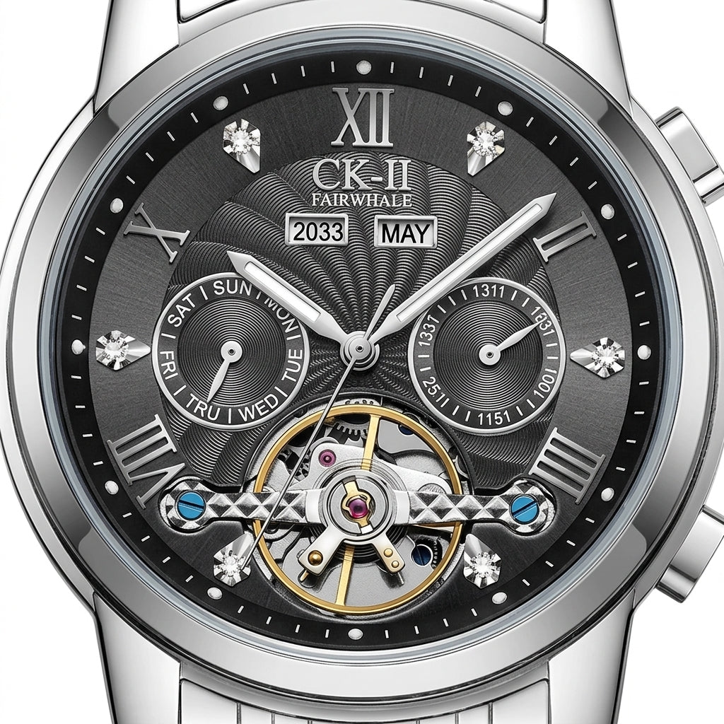 Silver wristwatch with a detailed black face displaying the brand 'CK-II Fairwhale'.