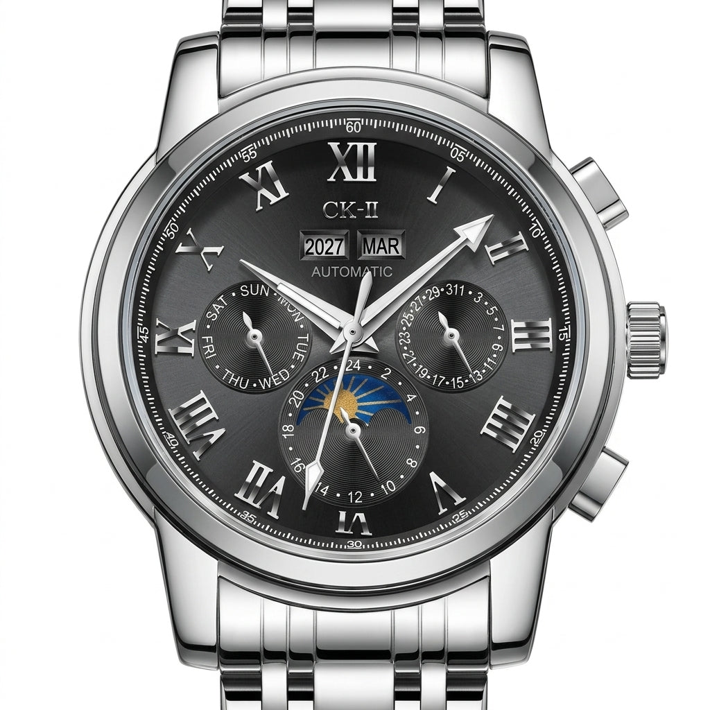 Silver wristwatch with a detailed black face on a white background