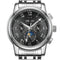 Silver wristwatch with a detailed black face on a white background