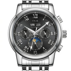 Silver wristwatch with a detailed black face on a white background