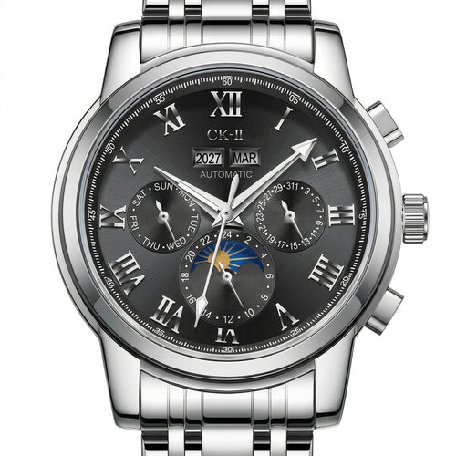Silver wristwatch with a detailed black face on a white background