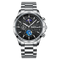 Silver wristwatch with a detailed black face on a white background