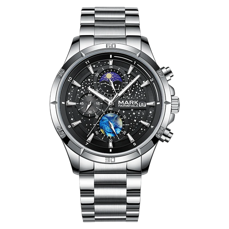 Silver wristwatch with a detailed black face on a white background