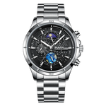 Silver wristwatch with a detailed black face on a white background