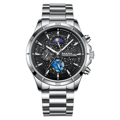 Silver wristwatch with a detailed black face on a white background