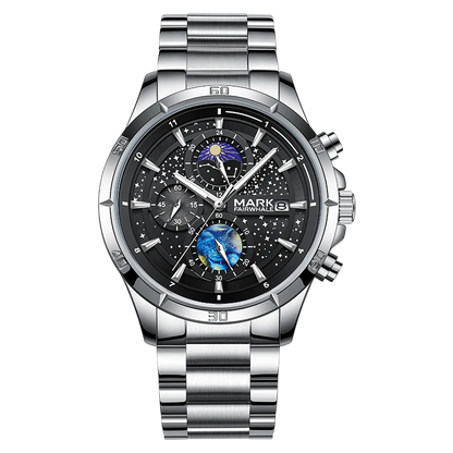 Silver wristwatch with a detailed black face on a white background