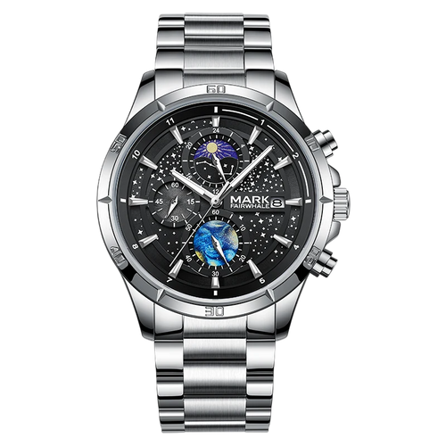 Silver wristwatch with a detailed black face on a white background