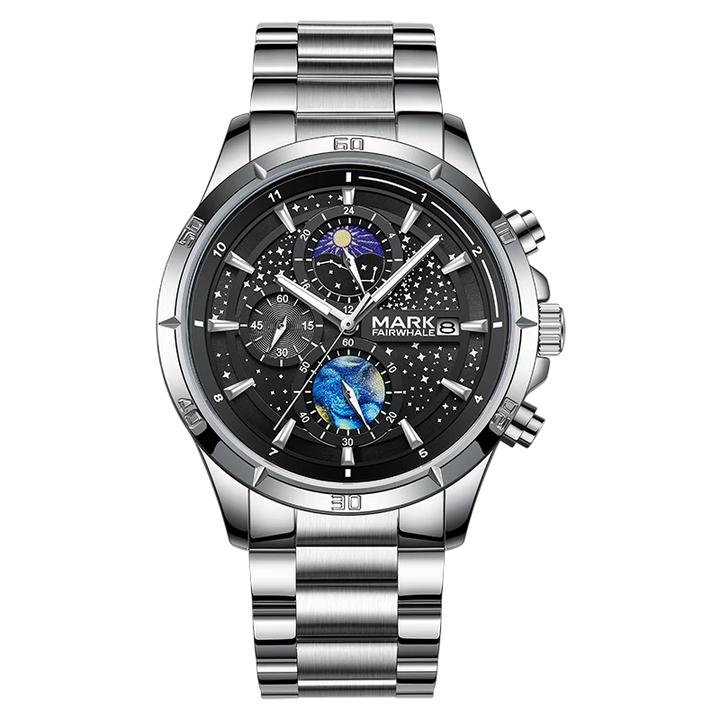 Silver wristwatch with a detailed black face on a white background