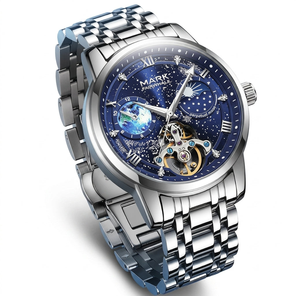 Silver wristwatch with a detailed blue face on a white background