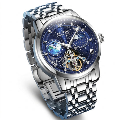 Silver wristwatch with a detailed blue face on a white background