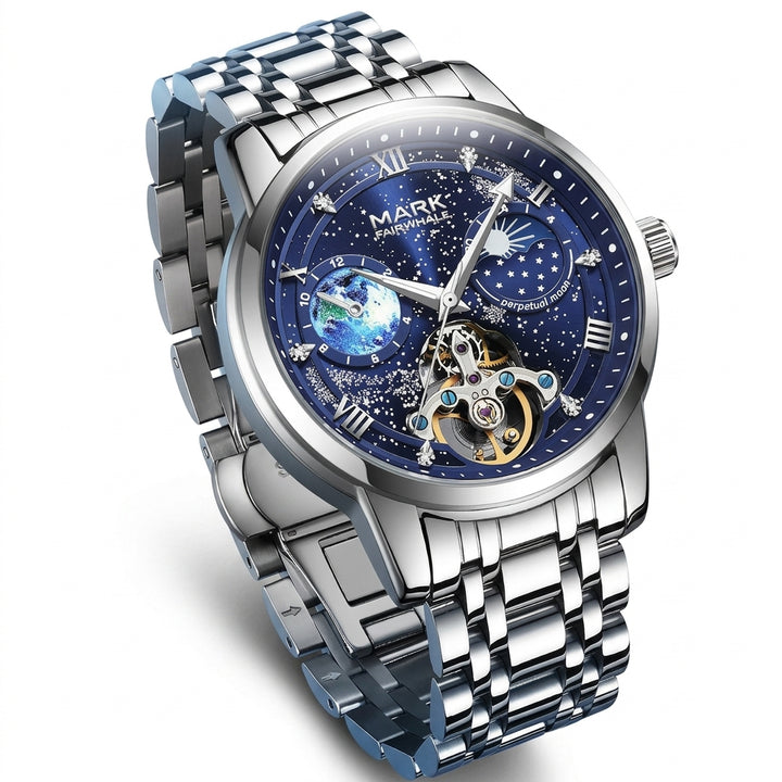 Silver wristwatch with a detailed blue face on a white background