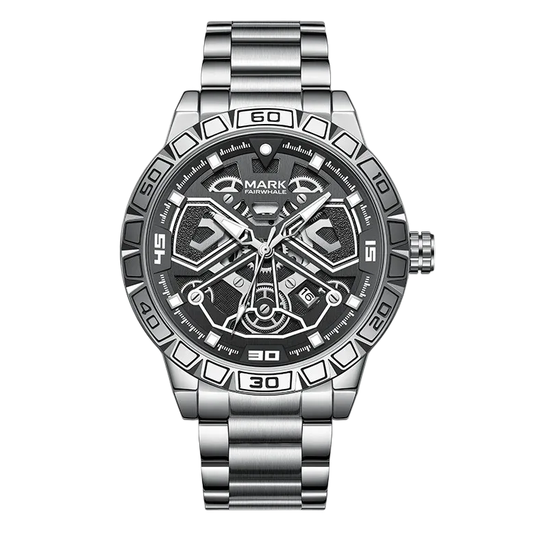 Silver wristwatch with a detailed face on a white background