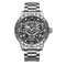Silver wristwatch with a detailed face on a white background