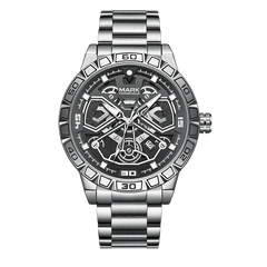Silver wristwatch with a detailed face on a white background