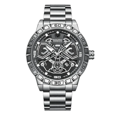 Silver wristwatch with a detailed face on a white background