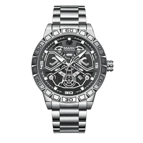 Silver wristwatch with a detailed face on a white background