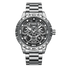 Silver wristwatch with a detailed face on a white background