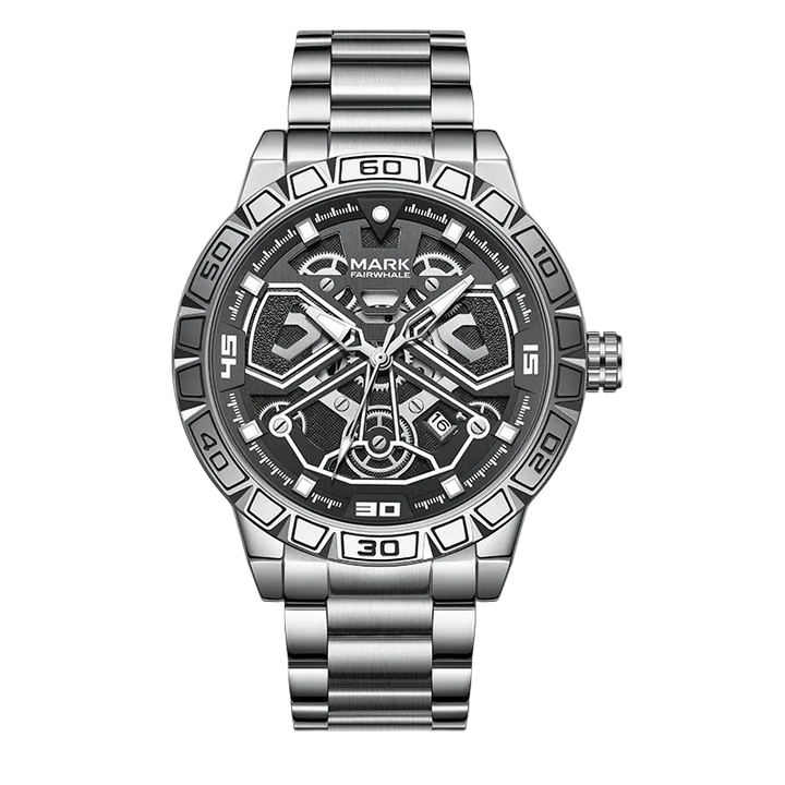 Silver wristwatch with a detailed face on a white background
