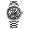 Silver wristwatch with a detailed face on a white background