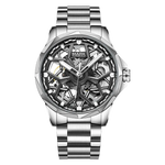 Silver wristwatch with a detailed face on a white background