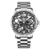 Silver wristwatch with a detailed face on a white background