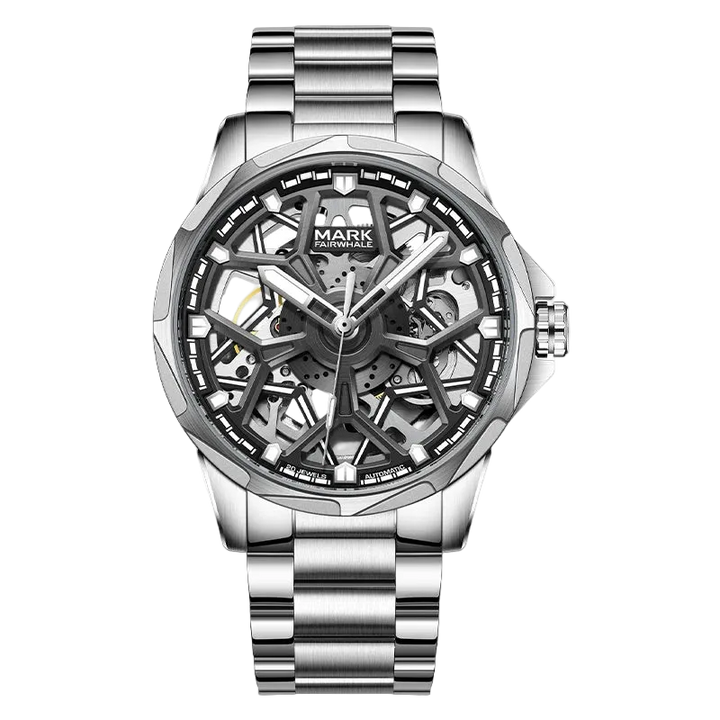 Silver wristwatch with a detailed face on a white background
