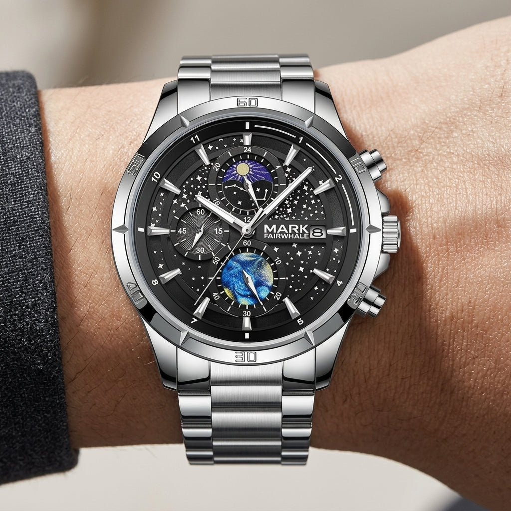 Silver wristwatch with a detailed face on a wrist, brand 'Mark' visible