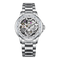 Silver wristwatch with a detailed mechanical face on a white background