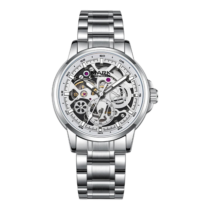 Silver wristwatch with a detailed mechanical face on a white background