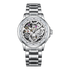 Silver wristwatch with a detailed mechanical face on a white background