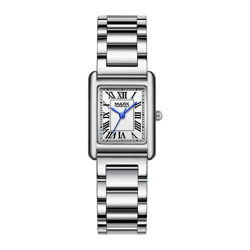 Silver wristwatch with a rectangular face on a white background
