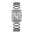 Silver wristwatch with a rectangular face on a white background