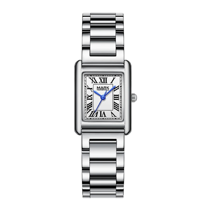 Silver wristwatch with a rectangular face on a white background