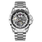 Silver wristwatch with a visible brand logo on a white background