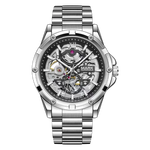 Silver wristwatch with a visible brand logo on a white background