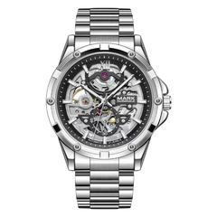 Silver wristwatch with a visible brand logo on a white background