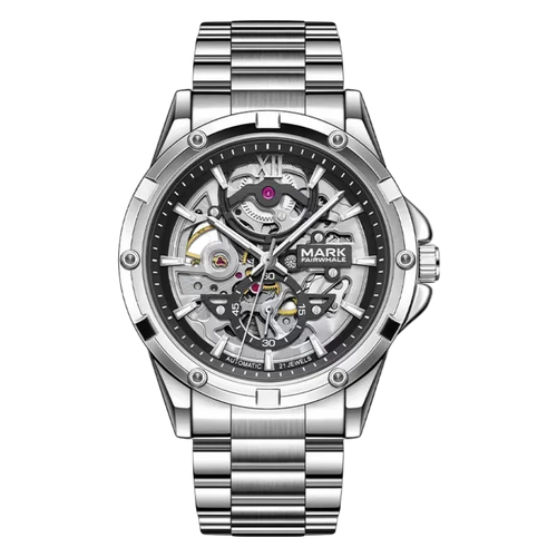 Silver wristwatch with a visible brand logo on a white background