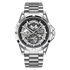 Silver wristwatch with a visible brand logo on a white background
