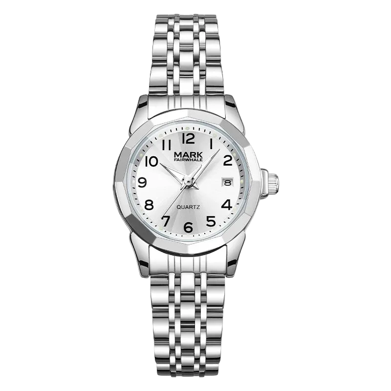 Silver wristwatch with a white dial on a white background