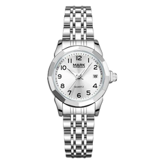 Silver wristwatch with a white dial on a white background