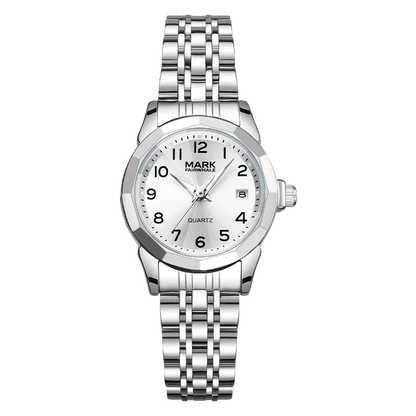 Silver wristwatch with a white dial on a white background
