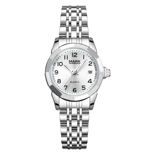 Silver wristwatch with a white dial on a white background